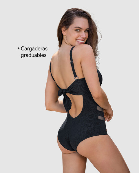 Vestido de baño entero control suave de abdomen y tela con textura#color_700-negro