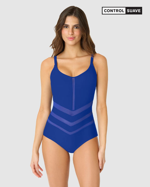 Vestido de baño entero control suave con transparencias en abdomen#color_540-azul-rey