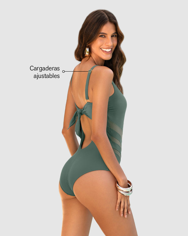 Vestido de baño entero control suave con transparencias en abdomen