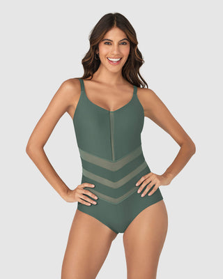 Vestido de baño entero control suave con transparencias en abdomen#color_643-verde-medio