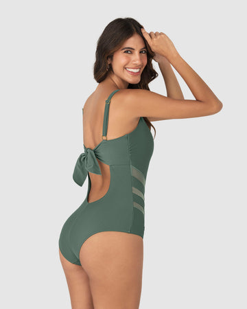 Vestido de baño entero control suave con transparencias en abdomen#color_643-verde-medio
