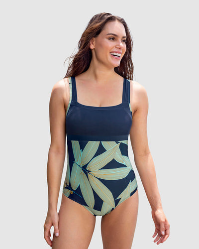 Vestido de baño entero con cargaderas fijas ideal para nadar#color_838-estampado-hojas