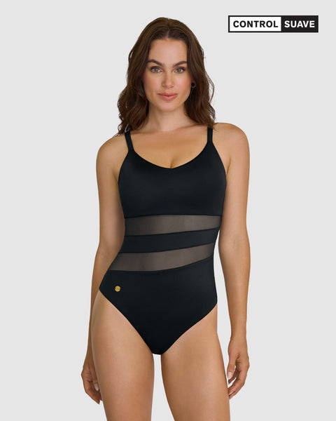 Vestido de baño entero de control con franjas en tul y tela con brillo#color_700-negro