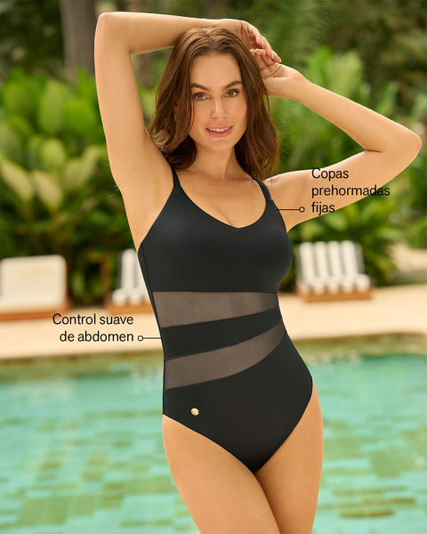 Vestido de baño entero de control con franjas en tul y tela con brillo#color_700-negro