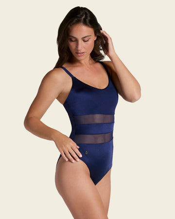 Vestido de baño entero de control con franjas en tul y tela con brillo#color_509-azul-oscuro