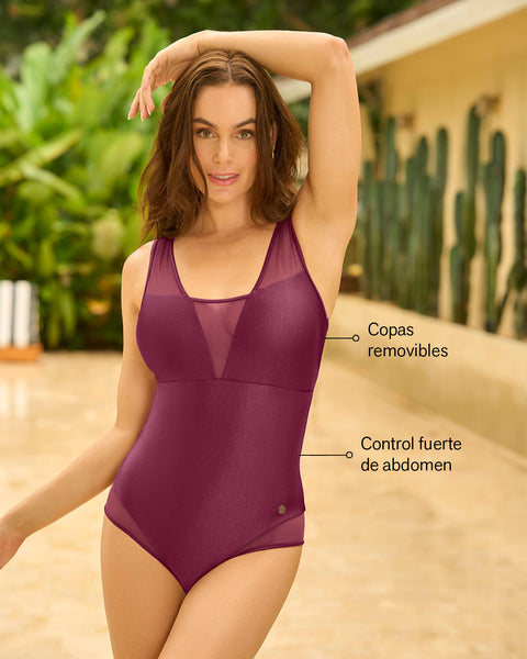 Vestido de baño entero con detalles en tul en escote y piernas#color_466-vinotinto