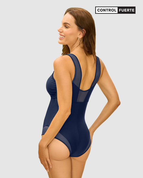 Vestido de baño entero con detalles en tul en escote y piernas#color_509-azul-oscuro