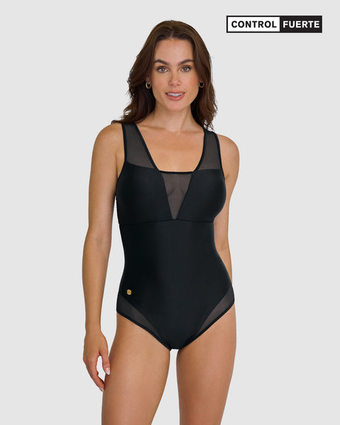 Vestido de baño entero con detalles en tul en escote y piernas#color_700-negro