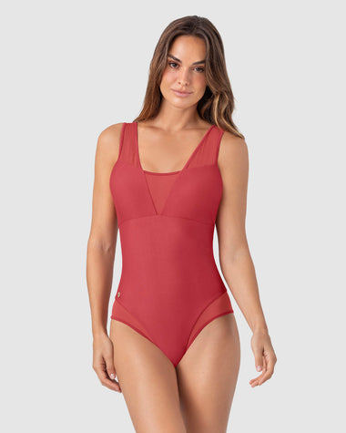Vestido de baño entero de control fuerte con detalles en tul - Hasta 2 cm menos#color_391-rojo-coral