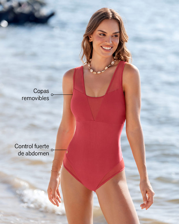 Vestido de baño entero de control fuerte con detalles en tul - Hasta 2 cm menos