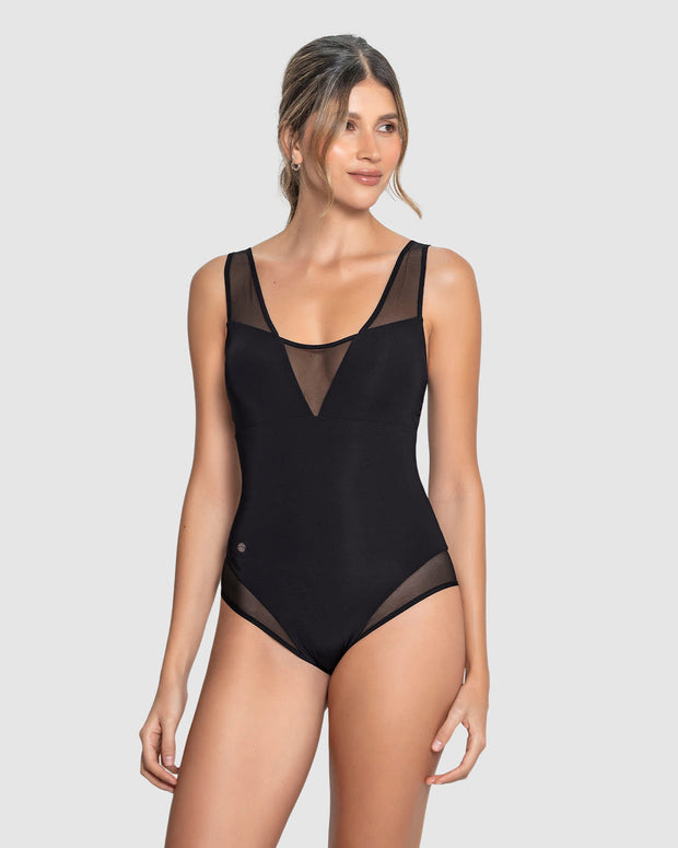 Vestido de baño entero de control fuerte con detalles en tul - Hasta 2 cm menos