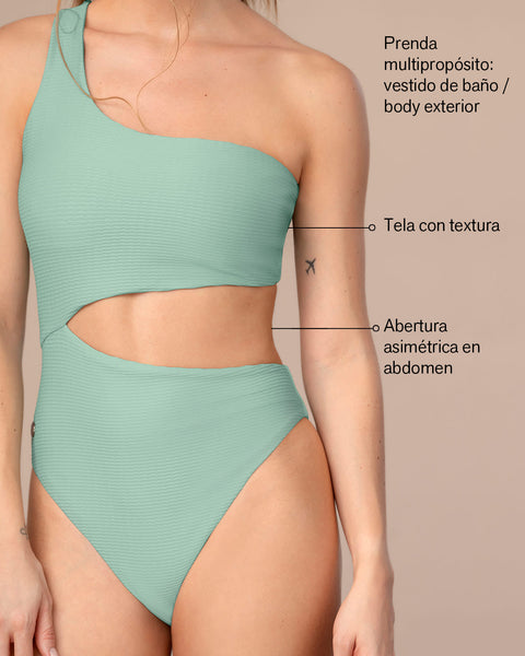 Vestido de baño de un solo hombro con tela acanalada#color_623-verde-medio