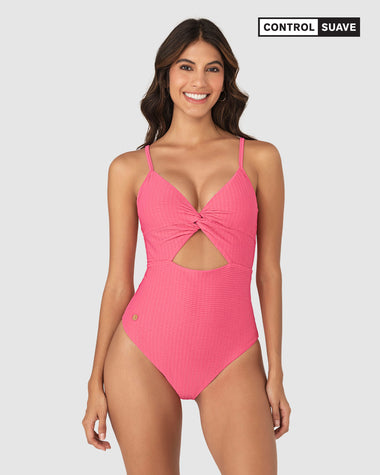 Vestido de baño entero de control suave con detalle de escote cruzado#color_211-salmon-rosa