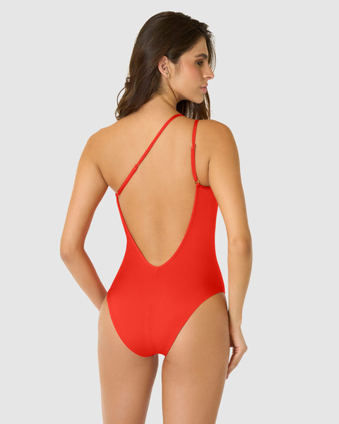 Vestido de baño entero asimétrico de un solo hombro#color_272-naranja