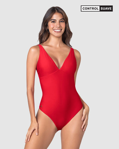 Vestido de baño entero escote profundo#color_377-rojo