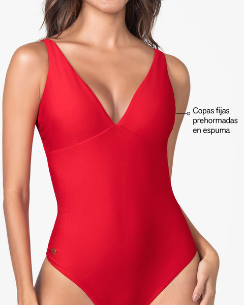 Vestido de baño entero escote profundo#color_377-rojo