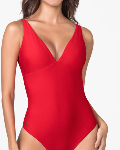 Vestido de baño entero escote profundo#color_377-rojo
