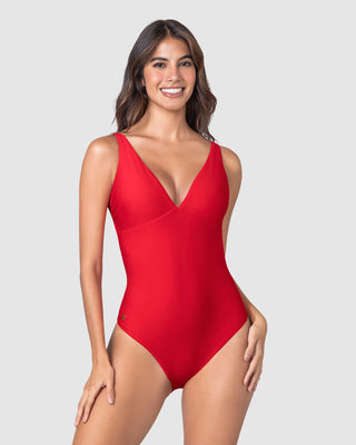 Vestido de baño entero escote profundo#color_377-rojo