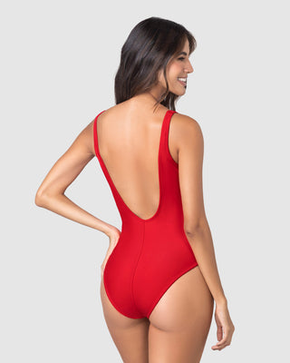 Vestido de baño entero escote profundo#color_377-rojo