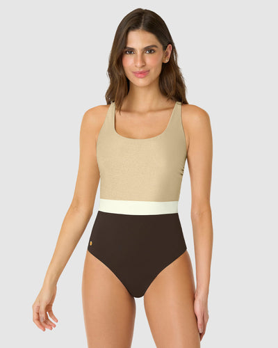 Vestido de baño de cargaderas anchas y escote redondo#color_837-negro-dorado
