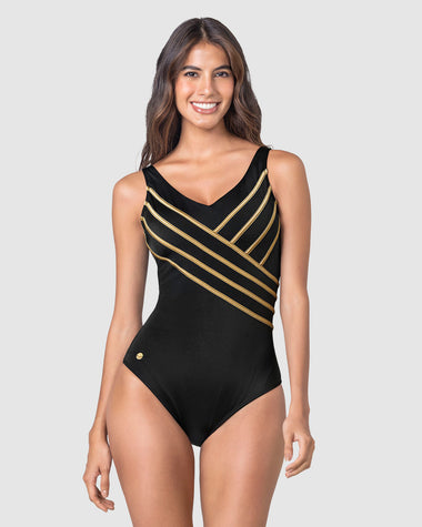 Vestido de baño entero con costuras en contraste#color_700-negro