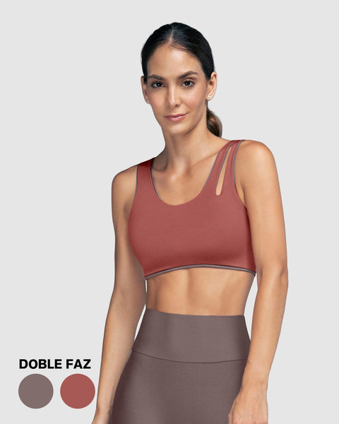 Top deportivo doble faz diseño asimétrico#color_868-cafe-rosado-medio