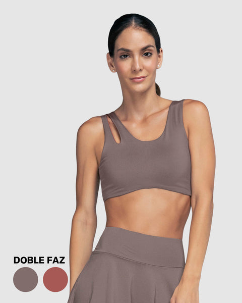 Top deportivo doble faz diseño asimétrico#color_868-cafe-rosado-medio