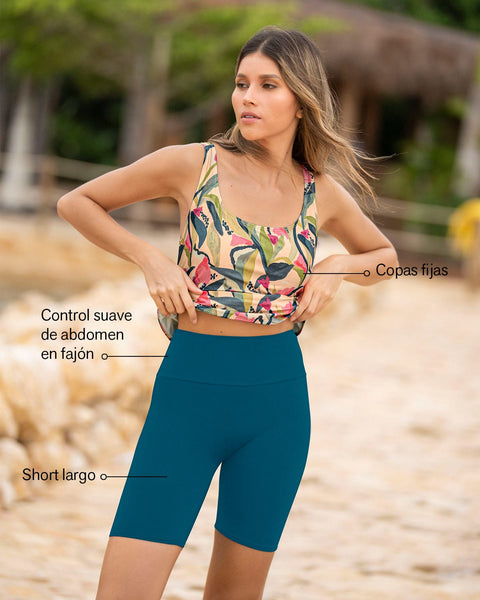 Vestido de baño de 2 piezas con camiseta y short de buen cubrimiento Tankini#color_290-estampado-flores-acuarela