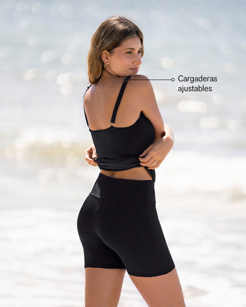 Vestido de baño de dos piezas con short de control de abdomen#color_700-negro