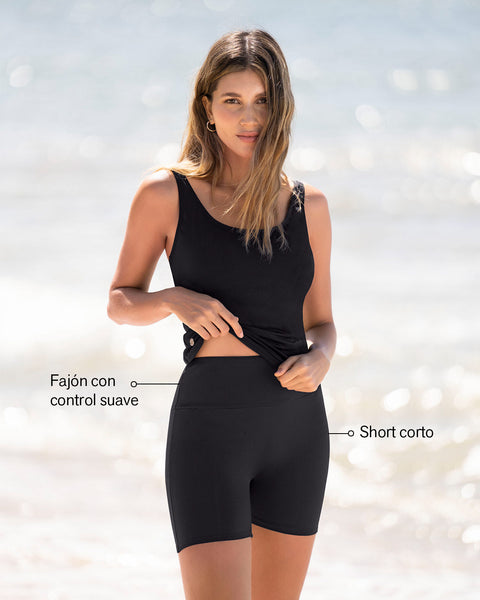 Vestido de baño de dos piezas con short de control de abdomen#color_700-negro