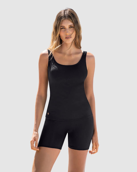 Vestido de baño de dos piezas con short de control de abdomen#color_700-negro