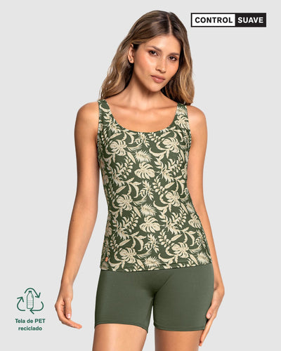 Vestido de baño de dos piezas Camiseta y Short de control de abdomen#color_068-estampado-flores-verde