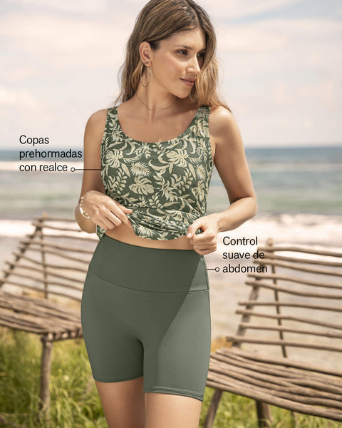 Vestido de baño de dos piezas Camiseta y Short de control de abdomen#color_068-estampado-flores-verde
