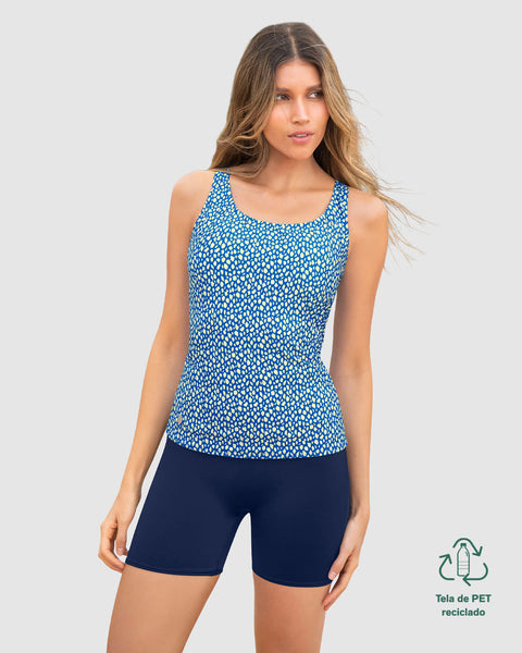 Vestido de baño de dos piezas Camiseta y Short de control de abdomen#color_086-estampado-animal-print-azul