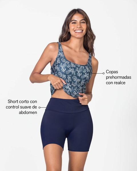 Vestido de baño de dos piezas Camiseta y Short de control de abdomen#color_589-estampado-corales