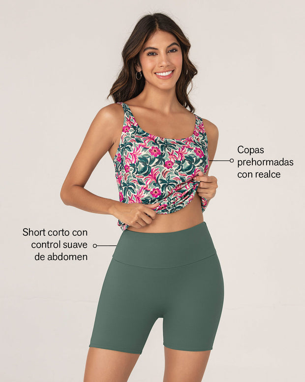 Vestido de baño de dos piezas Camiseta y Short de control de abdomen