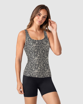 Vestido de baño de dos piezas Camiseta y Short de control de abdomen#color_c08-estampado-negro