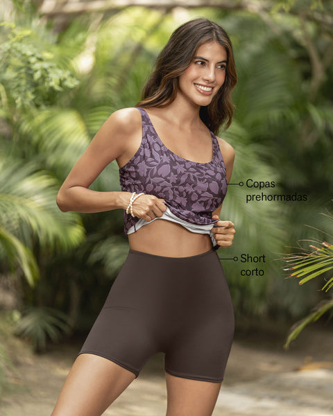 Vestido de baño con camiseta y short elaborado con botellas PET#color_447-estampado-flores-uva