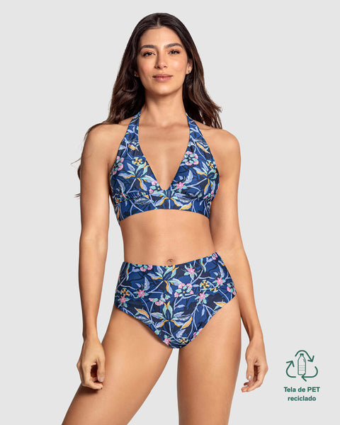 Bikini de top silueta halter y panty tiro alto#color_058-estampado-flores-azul