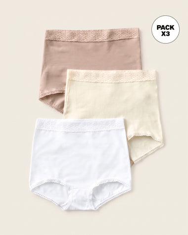 Paquete x 3 confortables panties clásicos de ajuste y cubrimiento total#color_984-cafe-claro-blanco-marfil