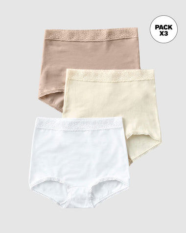 Paquete x 3 confortables panties clásicos de ajuste y cubrimiento total#color_984-cafe-claro-blanco-marfil