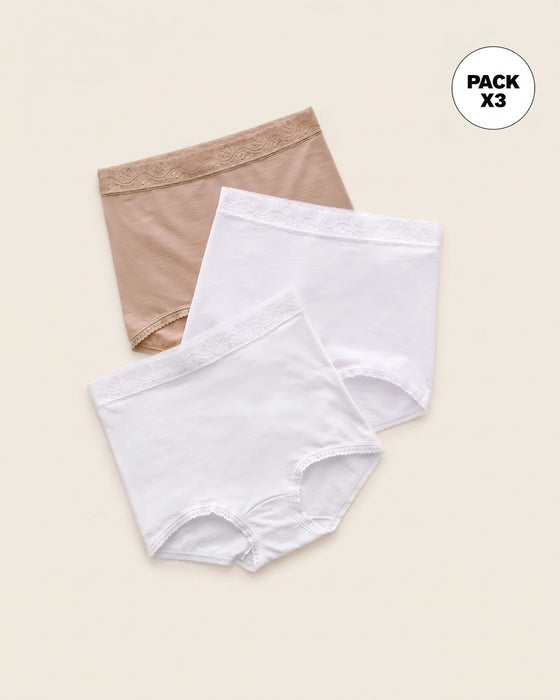 Paquete x 3 confortables panties clásicos de ajuste y cubrimiento total#color_990-surtido-cafe-claro-blanco