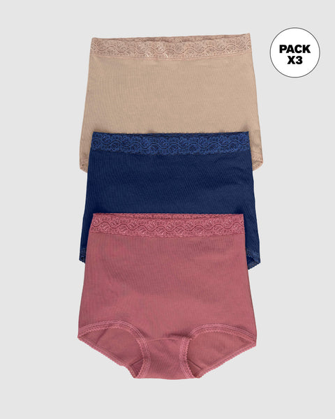 Paquete x 3 confortables panties clásicos de ajuste y cubrimiento total#color_s20-azul-oscuro-habano-rosa