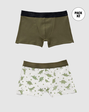Bóxers cortos x2 niño#color_s09-verde-militar-marfil-estampado-dinosaurios