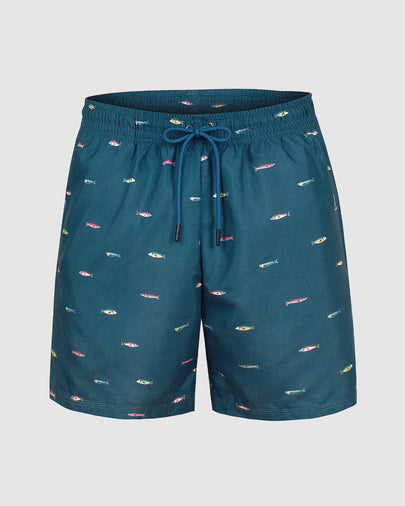 Pantaloneta de baño masculina con práctico bolsillo al lado derecho#color_b43-fondo-azul-estampado