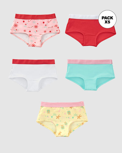 Paquete x 5 panties tipo hipster para niña#color_s03-blanco-rojo-menta-rosado-amarillo-estampado