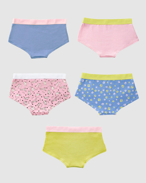 Paquete x 5 panties tipo hipster para niña#color_s04-verde-rosado-azul-estampado-huellas-rosado-estampado-perros