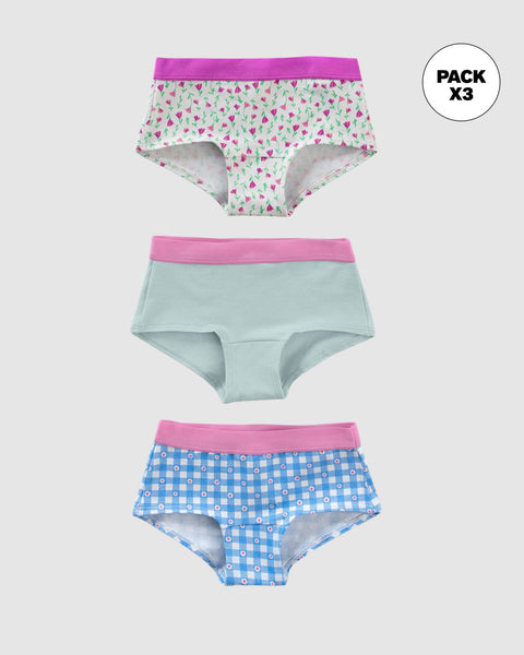 Paquete x 3 panties tipo hipster en algodón suave para niña#color_s42-flores-cuadros-azul-claro