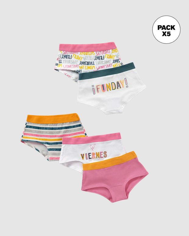 Paquete x 5 panties tipo hipster en algodón suave para niña#color_s21-rosado-viernes-rayas-estampado-funday