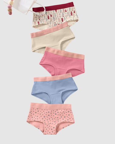 Paquete x 5 panties tipo hipster en algodón suave para niña#color_s25-estrella-arbol-blanco-rosado-azul